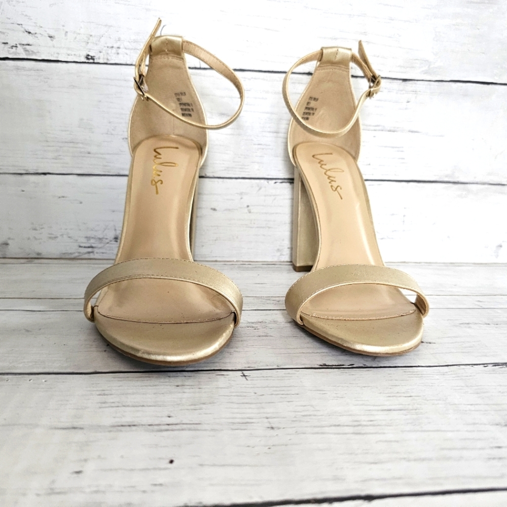 Lulus Dressy Taylor Metallic Champagne Gold Block Ankle Strap Chunky Heels - Picture 4 of 11
